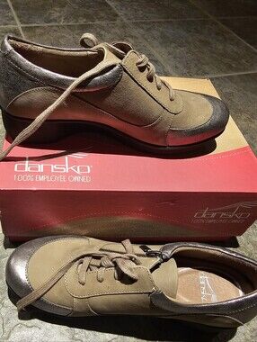 Dansko Taupe and Metallic Brown Women's Lace-Up Flats